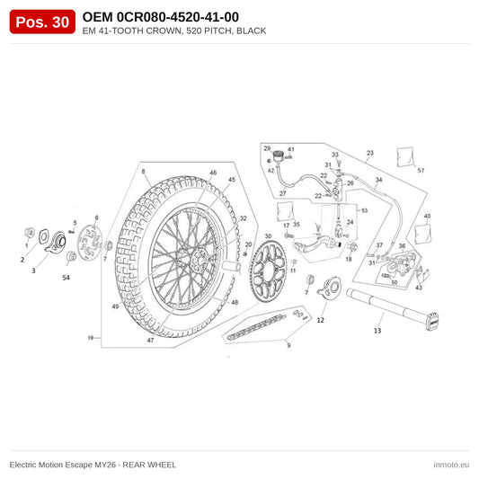 EM 41-TOOTH CROWN, 520 PITCH, BLACK – Electric Motion Escape MY26 exploded view, rear wheel, pos. 30