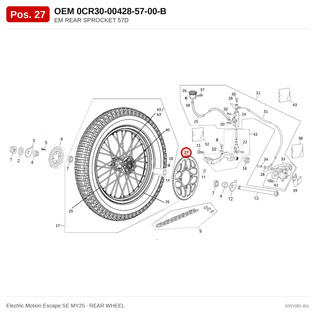 EM REAR SPROCKET 57D – Electric Motion Escape SE MY25 exploded view, rear wheel, pos. 27