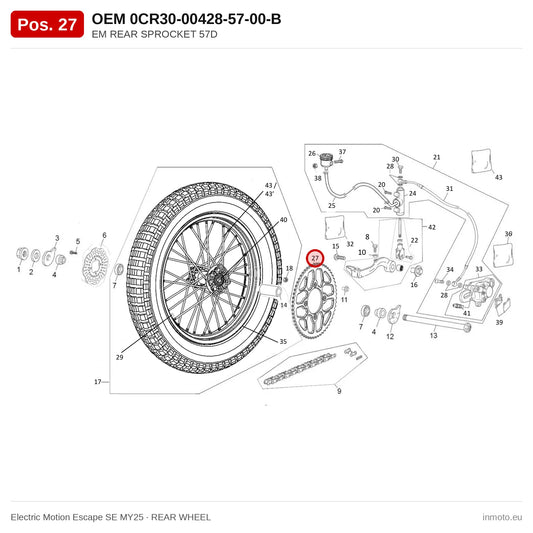 EM REAR SPROCKET 57D – Electric Motion Escape SE MY25 exploded view, rear wheel, pos. 27