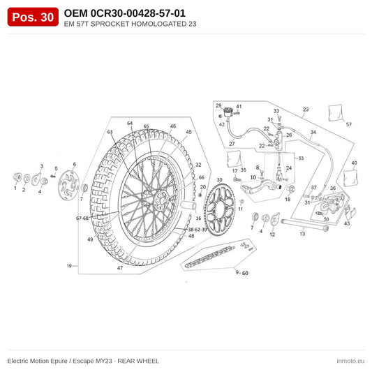 EM 57T SPROCKET HOMOLOGATED 23 – Electric Motion Epure / Escape MY23 exploded view, rear wheel, pos. 30