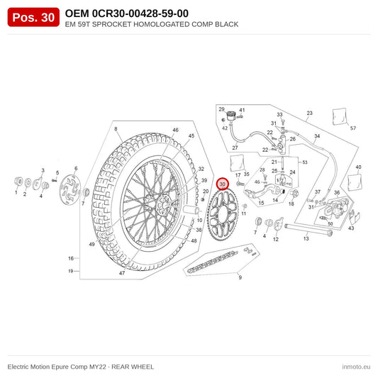 EM 59T SPROCKET HOMOLOGATED COMP BLACK – Electric Motion Epure Comp MY22 exploded view, rear wheel, pos. 30