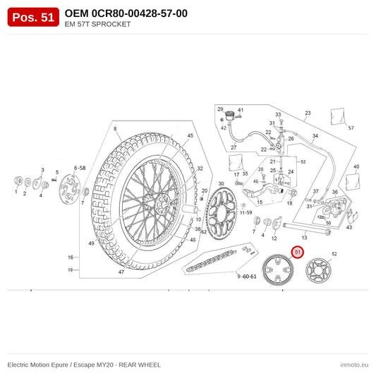 EM 57T SPROCKET – Electric Motion Epure / Escape MY20 exploded view, rear wheel, pos. 51