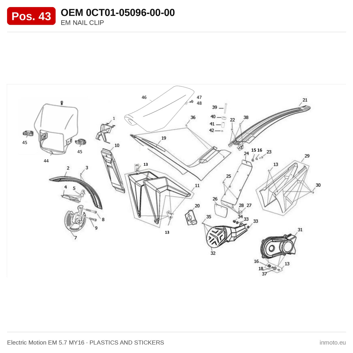 EM NAIL CLIP – Electric Motion EM 5.7 MY16 exploded view, plastics and stickers, pos. 43