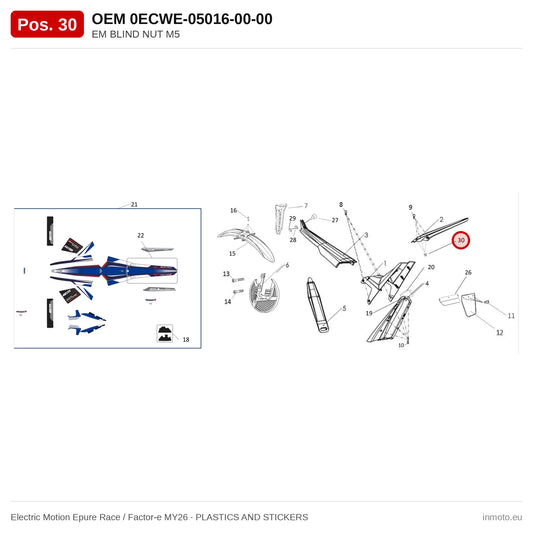 EM BLIND NUT M5 – Electric Motion Epure Race / Factor-e MY26 exploded view, plastics and stickers, pos. 30