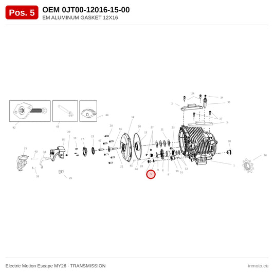 EM ALUMINUM GASKET 12X16 – Electric Motion Escape MY26 exploded view, transmission, pos. 5