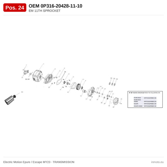 EM 11TH SPROCKET – Electric Motion Epure / Escape MY23 exploded view, transmission, pos. 24