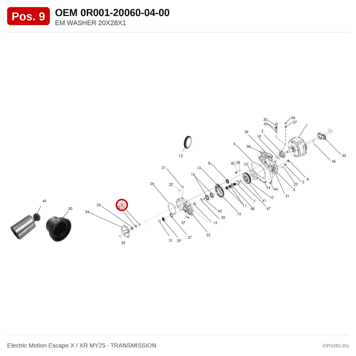 EM WASHER 20X28X1 – Electric Motion Escape X / XR MY25 exploded view, transmission, pos. 9