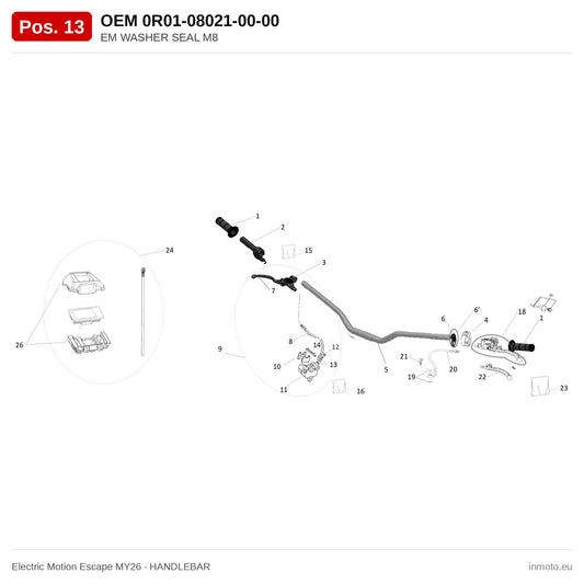 EM WASHER SEAL M8 – Electric Motion Escape MY26 exploded view, handlebar, pos. 13