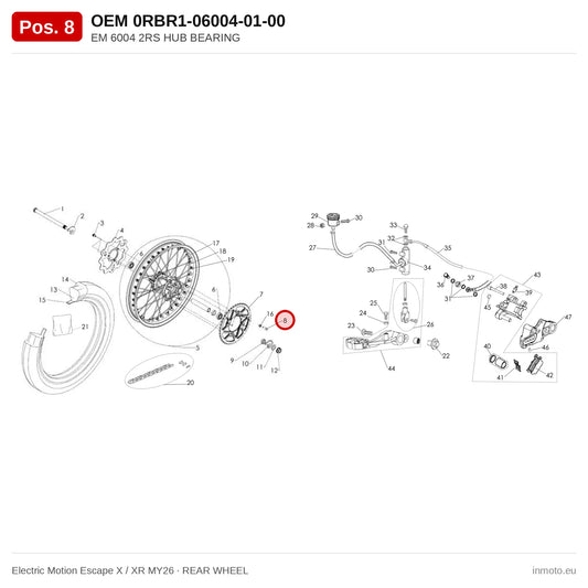 EM 6004 2RS HUB BEARING – Electric Motion Escape X / XR MY26 exploded view, rear wheel, pos. 8
