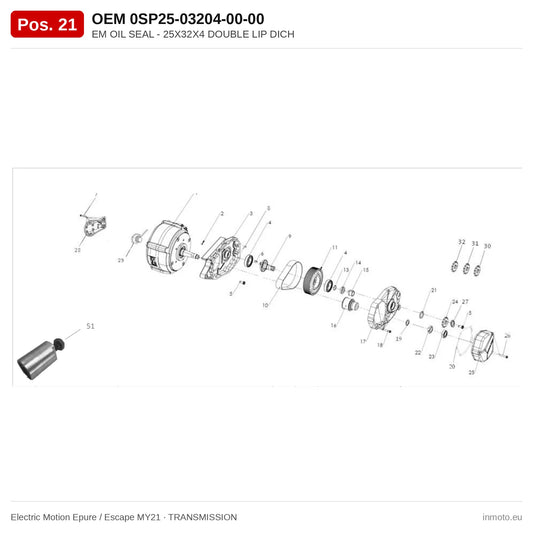 EM OIL SEAL - 25X32X4 DOUBLE LIP DICH – Electric Motion Epure / Escape MY21 exploded view, transmission, pos. 21