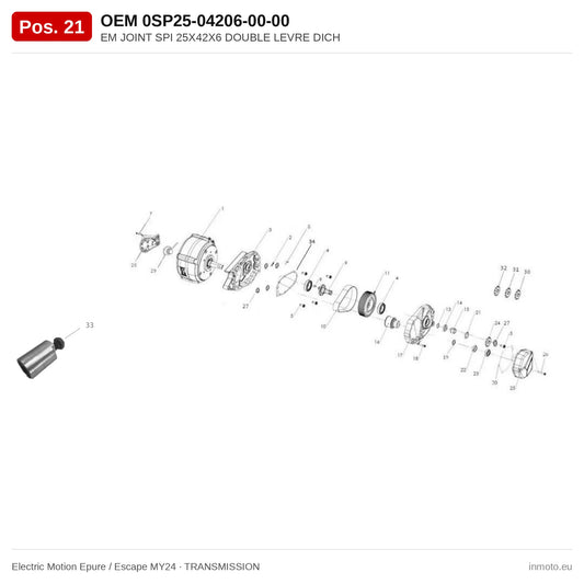EM JOINT SPI 25X42X6 DOUBLE LEVRE DICH – Electric Motion Epure / Escape MY24 exploded view, transmission, pos. 21