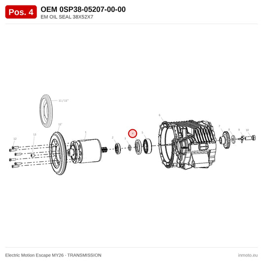 EM OIL SEAL 38X52X7 – Electric Motion Escape MY26 exploded view, transmission, pos. 4