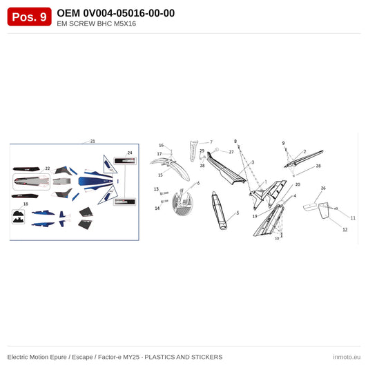 EM SCREW BHC M5X16 – Electric Motion Epure / Escape / Factor-e MY25 exploded view, plastics and stickers, pos. 9