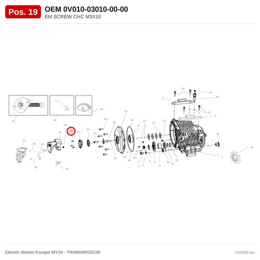 EM SCREW CHC M3X10 – Electric Motion Escape MY26 exploded view, transmission, pos. 19