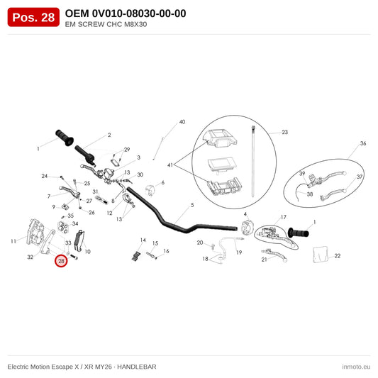 EM SCREW CHC M8X30 – Electric Motion Escape X / XR MY26 exploded view, handlebar, pos. 28