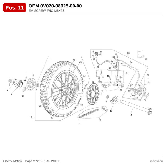 EM SCREW FHC M8X25 – Electric Motion Escape MY26 exploded view, rear wheel, pos. 11
