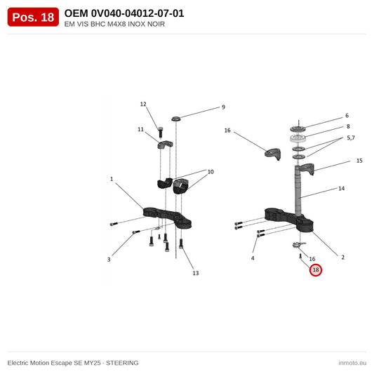 EM VIS BHC M4X8 INOX NOIR – Electric Motion Escape SE MY25 exploded view, steering, pos. 18