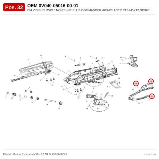 EM VIS BHC M5X16 NOIRE (NE PLUS COMMANDER /REMPLACER PAS M5X12 NOIRE° – Electric Motion Escape MY26 exploded view, rear suspension, pos. 32