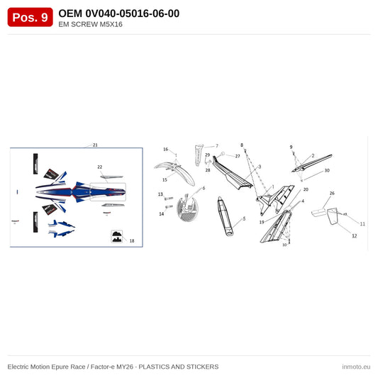 EM SCREW M5X16 – Electric Motion Epure Race / Factor-e MY26 exploded view, plastics and stickers, pos. 9