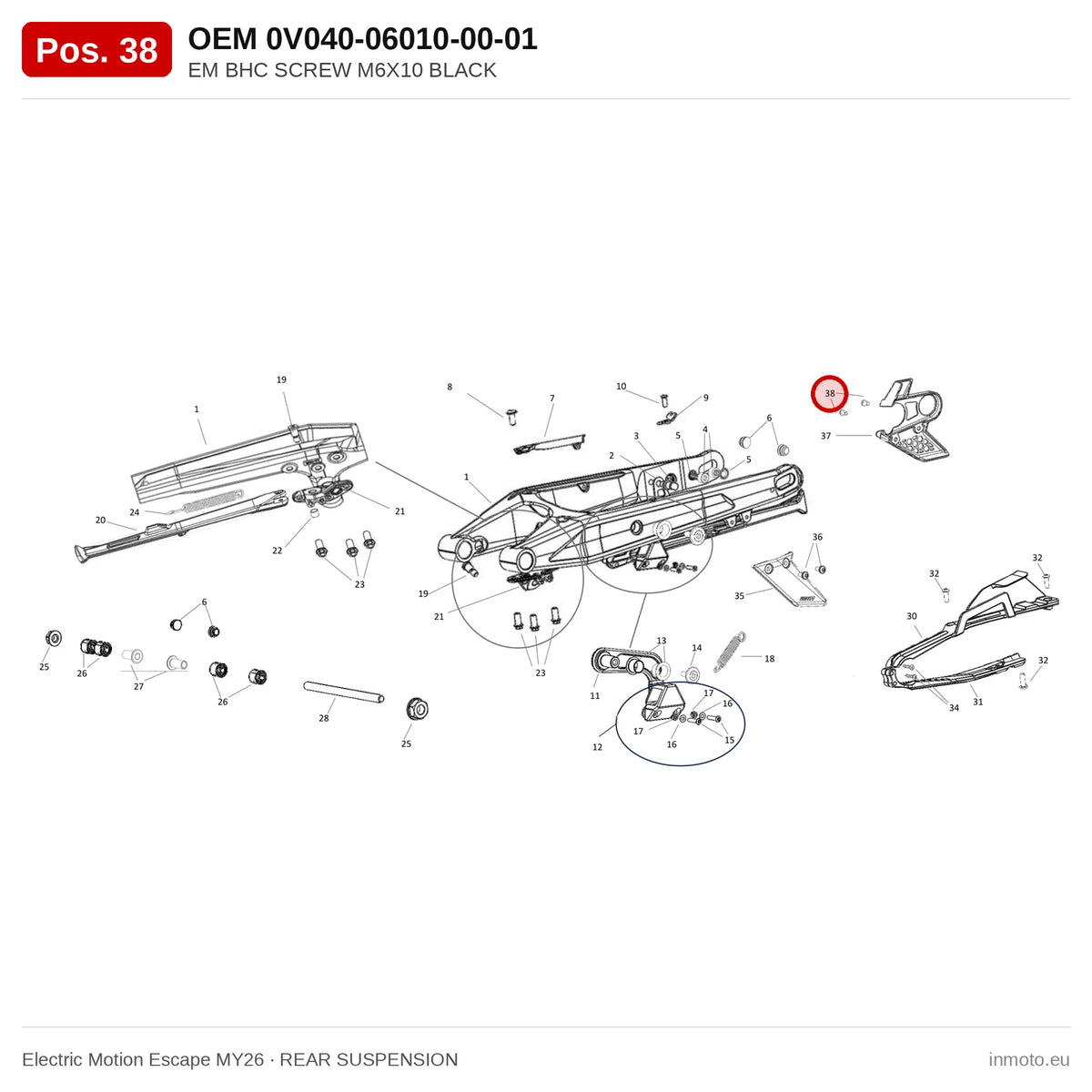 EM BHC SCREW M6X10 BLACK – Electric Motion Escape MY26 exploded view, rear suspension, pos. 38