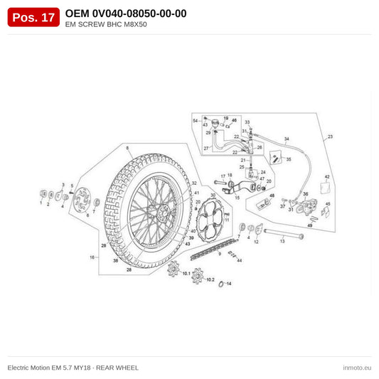 EM SCREW BHC M8X50 – Electric Motion EM 5.7 MY18 exploded view, rear wheel, pos. 17