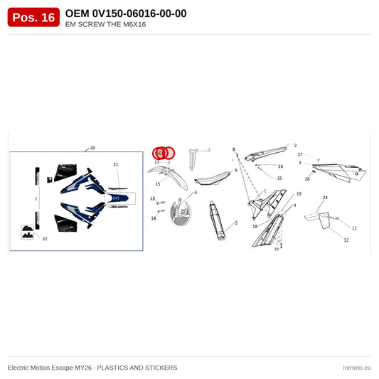 EM SCREW THE M6X16 – Electric Motion Escape MY26 exploded view, plastics and stickers, pos. 16