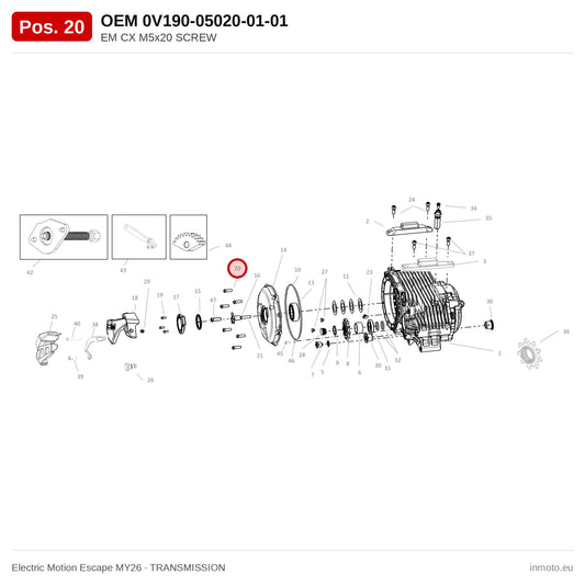 EM CX M5x20 SCREW – Electric Motion Escape MY26 exploded view, transmission, pos. 20