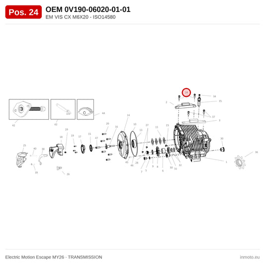 EM VIS CX M6X20 - ISO14580 – Electric Motion Escape MY26 exploded view, transmission, pos. 24