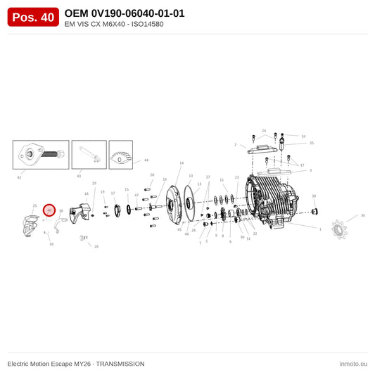 EM VIS CX M6X40 - ISO14580 – Electric Motion Escape MY26 exploded view, transmission, pos. 40