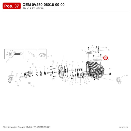 EM VIS FX M6X16 – Electric Motion Escape MY26 exploded view, transmission, pos. 37