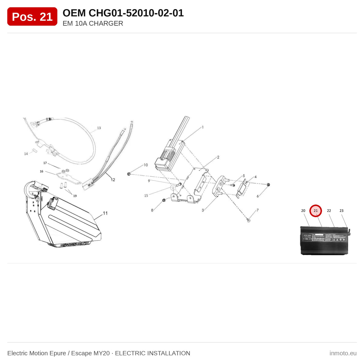 EM 10A CHARGER – Electric Motion Epure / Escape MY20 exploded view, electric installation, pos. 21