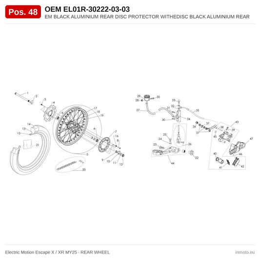 EM BLACK ALUMINIUM REAR DISC PROTECTOR WITHEDISC BLACK ALUMINIUM REAR DISC PROTECTOR – Electric Motion Escape X / XR MY25 exploded view, rear wheel, pos. 48