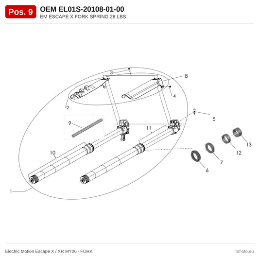 EM ESCAPE X FORK SPRING 28 LBS – Electric Motion Escape X / XR MY26 exploded view, fork, pos. 9