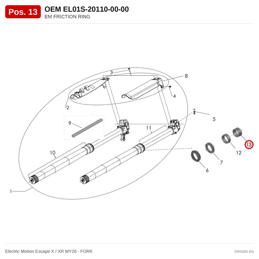 EM FRICTION RING – Electric Motion Escape X / XR MY26 exploded view, fork, pos. 13