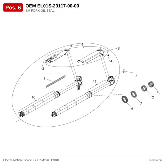 EM FORK OIL SEAL – Electric Motion Escape X / XR MY26 exploded view, fork, pos. 6