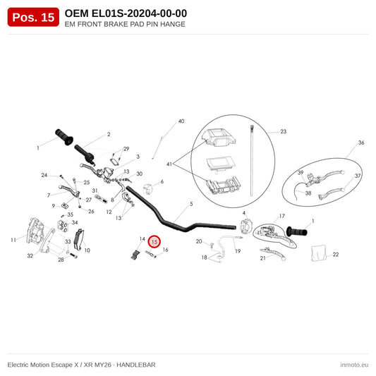 EM FRONT BRAKE PAD PIN HANGE – Electric Motion Escape X / XR MY26 exploded view, handlebar, pos. 15