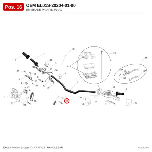 EM BRAKE PAD PIN PLUG – Electric Motion Escape X / XR MY26 exploded view, handlebar, pos. 16