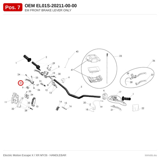 EM FRONT BRAKE LEVER ONLY – Electric Motion Escape X / XR MY26 exploded view, handlebar, pos. 7