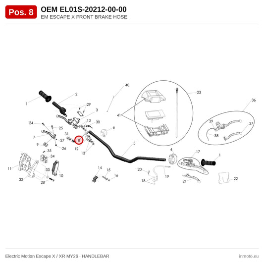 EM ESCAPE X FRONT BRAKE HOSE – Electric Motion Escape X / XR MY26 exploded view, handlebar, pos. 8