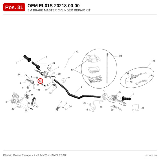 EM BRAKE MASTER CYLINDER REPAIR KIT – Electric Motion Escape X / XR MY26 exploded view, handlebar, pos. 31