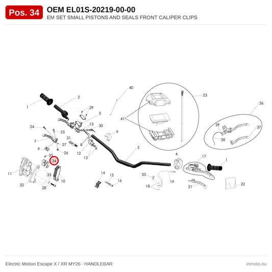 EM SET SMALL PISTONS AND SEALS FRONT CALIPER CLIPS – Electric Motion Escape X / XR MY26 exploded view, handlebar, pos. 34