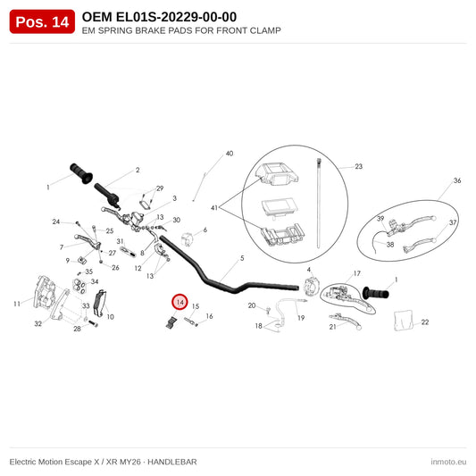 EM SPRING BRAKE PADS FOR FRONT CLAMP – Electric Motion Escape X / XR MY26 exploded view, handlebar, pos. 14