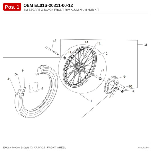 EM ESCAPE X BLACK FRONT RIM ALUMINIUM HUB KIT – Electric Motion Escape X / XR MY26 exploded view, front wheel, pos. 1