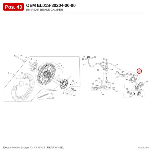 EM REAR BRAKE CALIPER – Electric Motion Escape X / XR MY26 exploded view, rear wheel, pos. 43