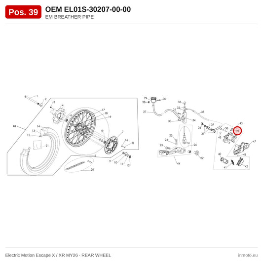 EM BREATHER PIPE – Electric Motion Escape X / XR MY26 exploded view, rear wheel, pos. 39