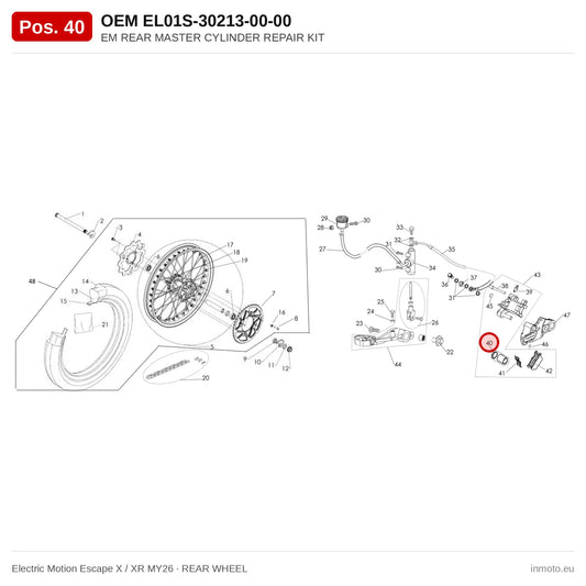 EM REAR MASTER CYLINDER REPAIR KIT – Electric Motion Escape X / XR MY26 exploded view, rear wheel, pos. 40