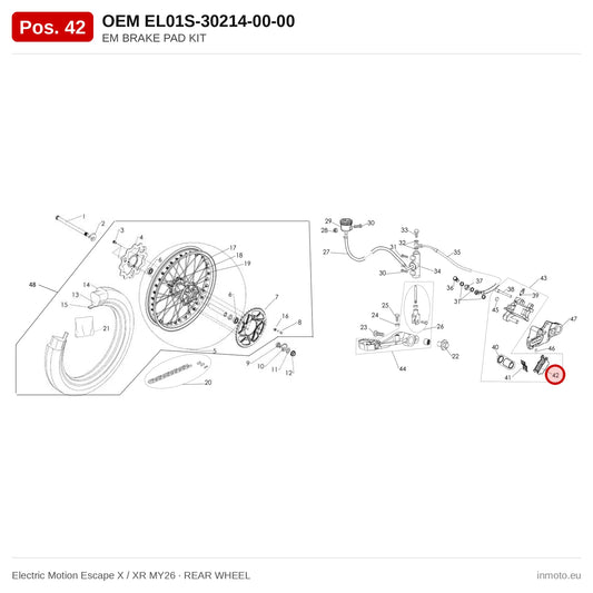 EM BRAKE PAD KIT – Electric Motion Escape X / XR MY26 exploded view, rear wheel, pos. 42