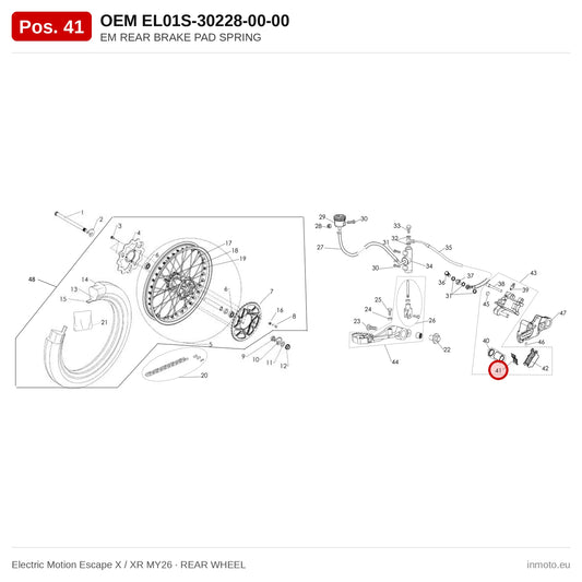 EM REAR BRAKE PAD SPRING – Electric Motion Escape X / XR MY26 exploded view, rear wheel, pos. 41