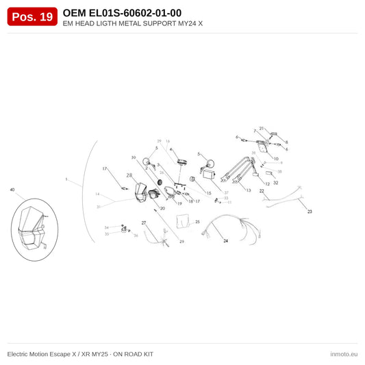 EM HEAD LIGTH METAL SUPPORT MY24 X – Electric Motion Escape X / XR MY25 exploded view, on road kit, pos. 19