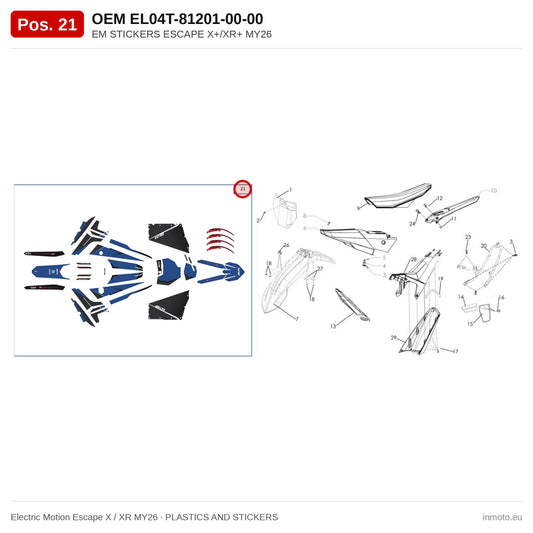 EM STICKERS ESCAPE X+/XR+ MY26 – Electric Motion Escape X / XR MY26 exploded view, plastics and stickers, pos. 21